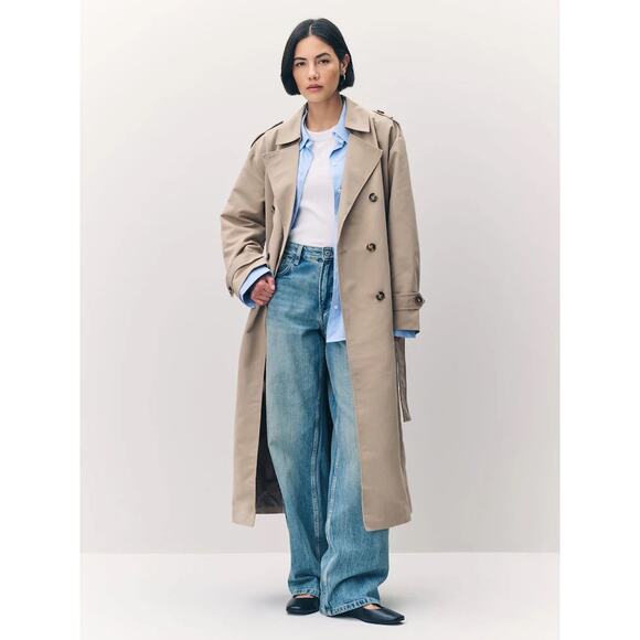 Vero Moda Womens XL Long Trenchcoat Tan Double Breasted Belt Old Money Classic - Picture 1 of 16